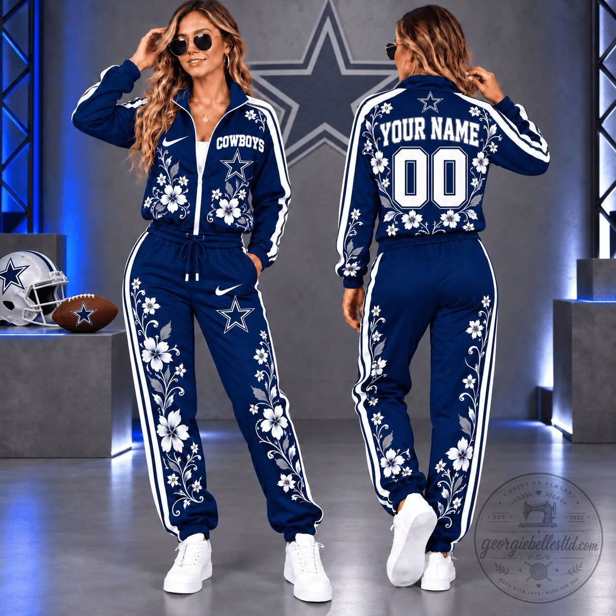 Dallas Cowboys Floral Custom Name and Number Tracksuit Jacket and Pants Set