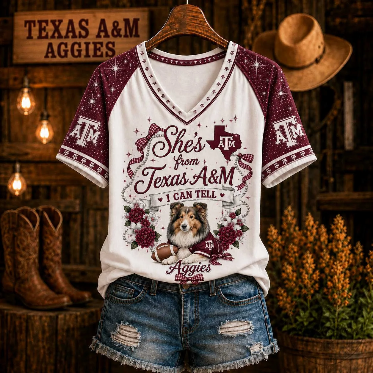 Texas A&M Aggies Sheltie Dog Football Floral V-Neck Raglan T-Shirt 1 Texas A&M Aggies Sheltie Dog Football Floral V-Neck Raglan T-Shirt