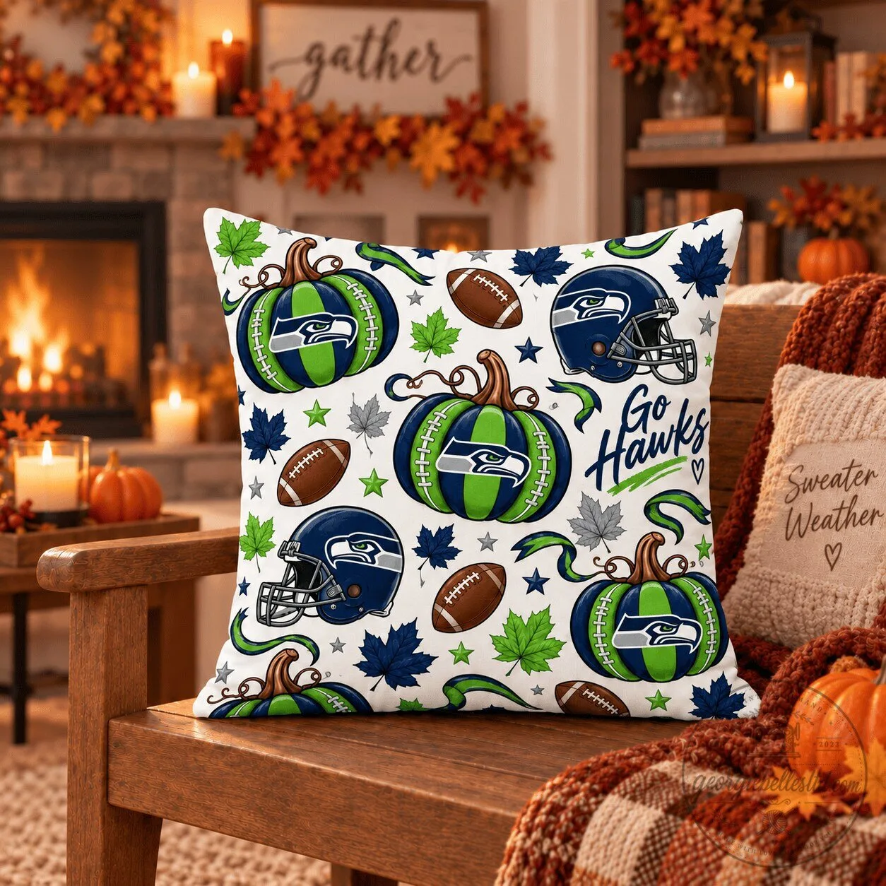Seattle Seahawks Halloween Pumpkin Football Helmet Pattern Throw Pillow