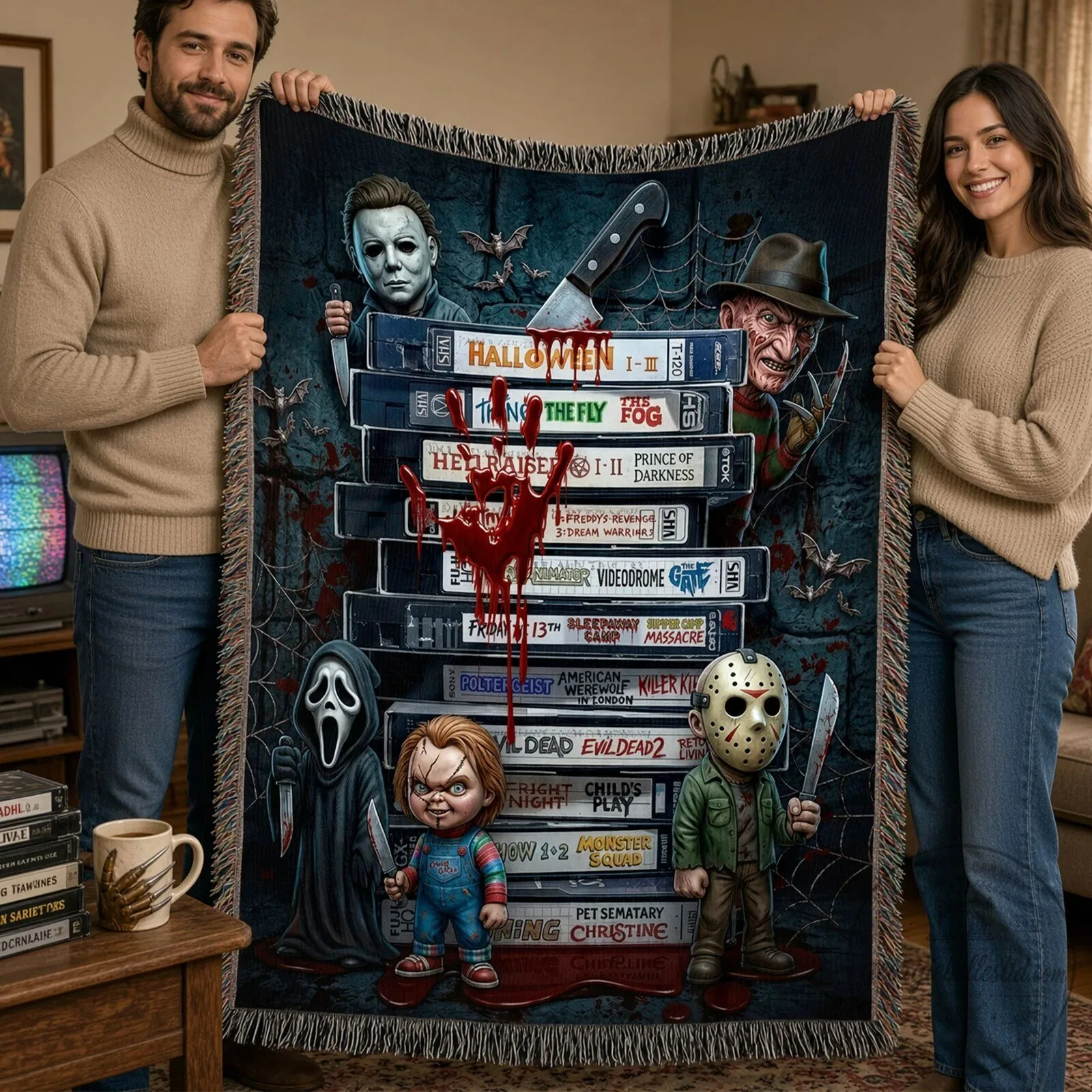 Horror Movie Villains VHS Stack Halloween Woven Blanket