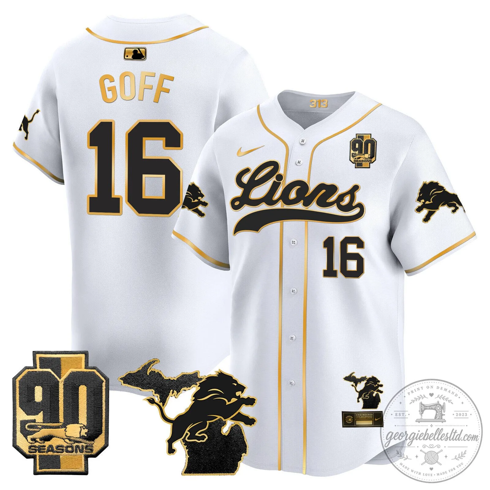 Detroit Lions Jared Goff 2024 Michigan 90th Season Patch Gold Baseball Jersey 47 Detroit Lions Jared Goff 2024 Michigan 90th Season Patch Gold Baseball Jersey
