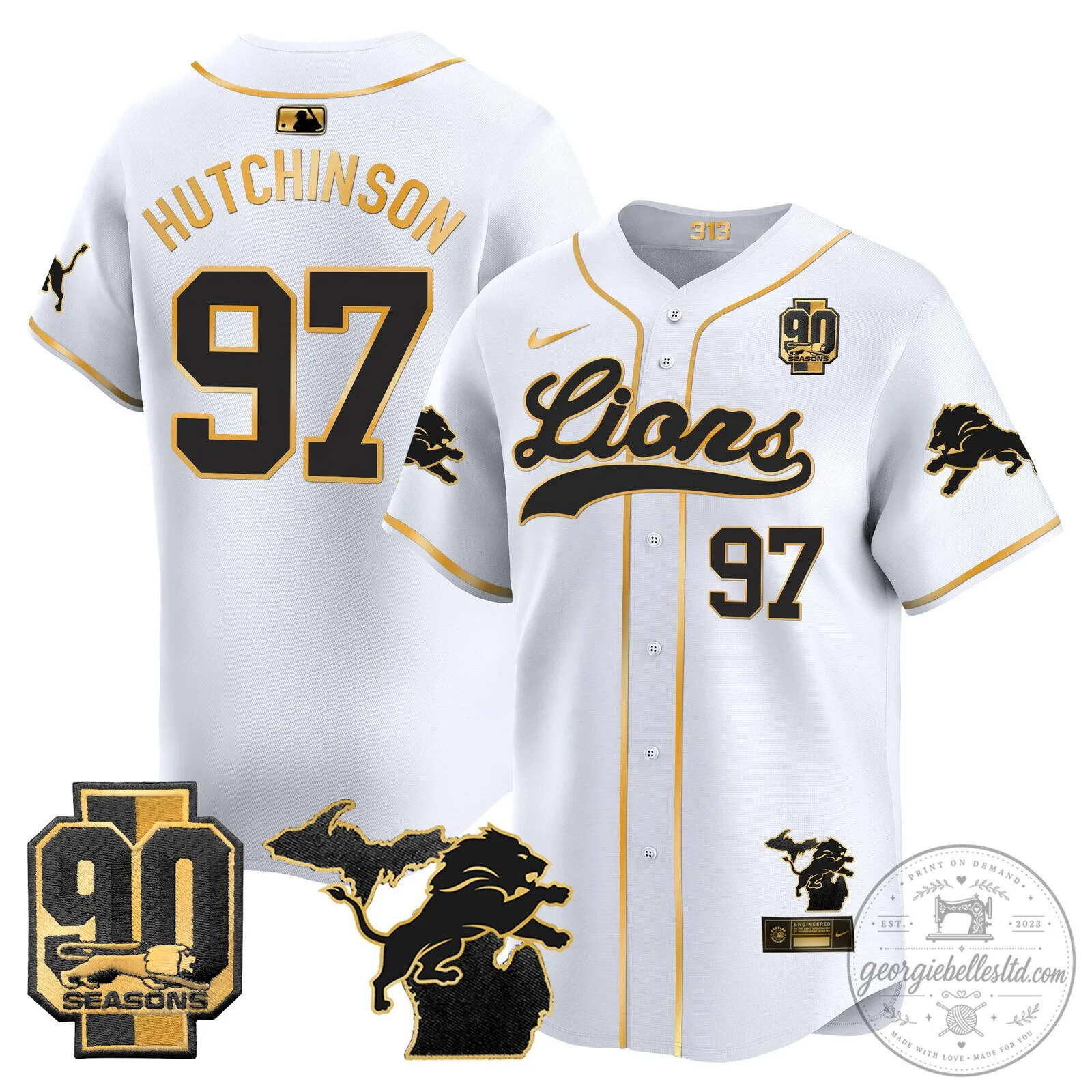 Detroit Lions Jared Goff 2024 Michigan 90th Season Patch Gold Baseball Jersey 48 Detroit Lions Jared Goff 2024 Michigan 90th Season Patch Gold Baseball Jersey