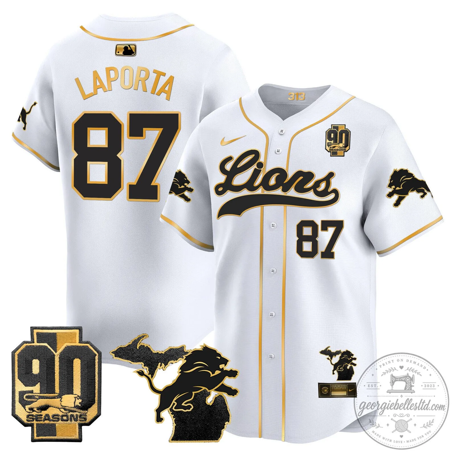 Detroit Lions Jared Goff 2024 Michigan 90th Season Patch Gold Baseball Jersey 52 Detroit Lions Jared Goff 2024 Michigan 90th Season Patch Gold Baseball Jersey