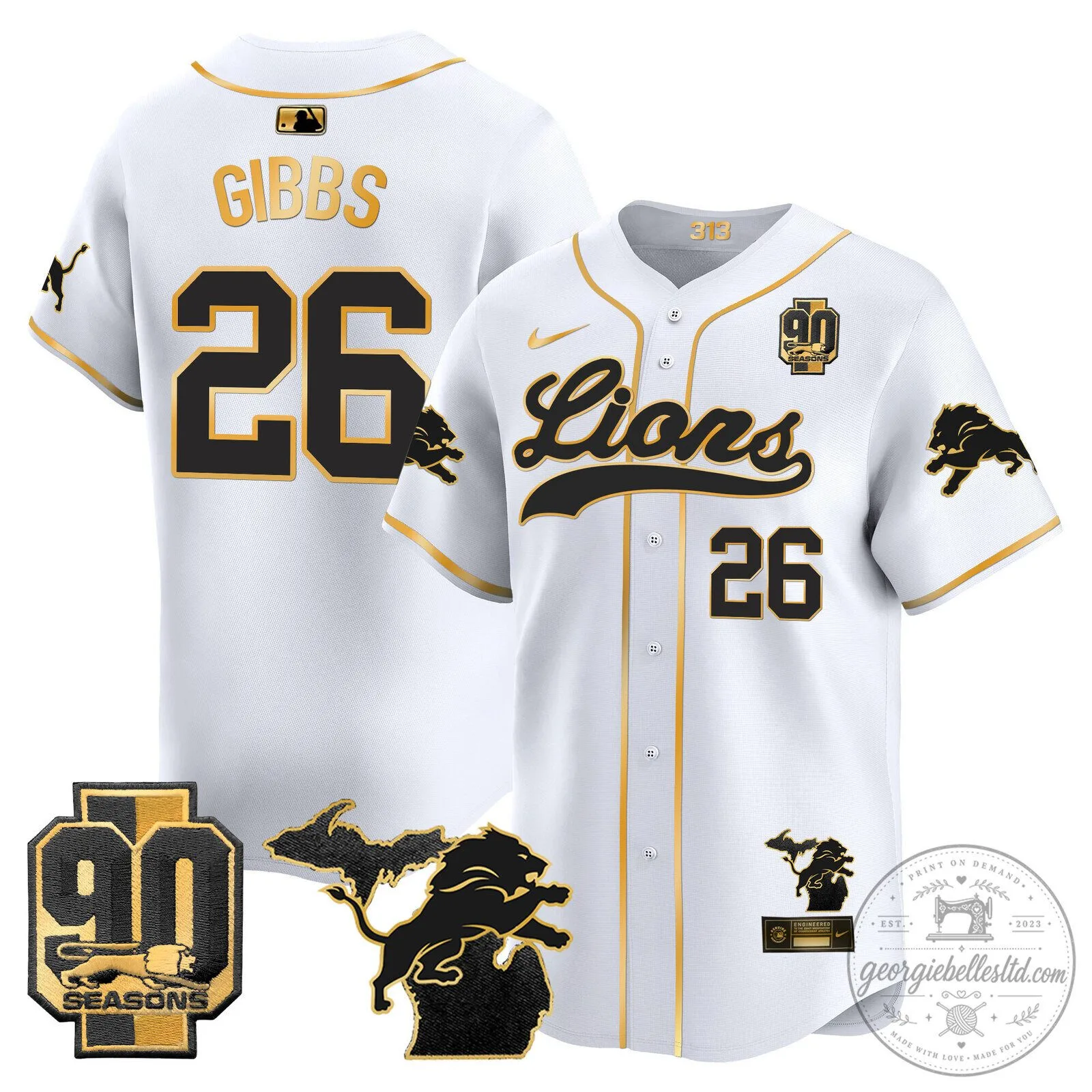 Detroit Lions Jared Goff 2024 Michigan 90th Season Patch Gold Baseball Jersey 53 Detroit Lions Jared Goff 2024 Michigan 90th Season Patch Gold Baseball Jersey