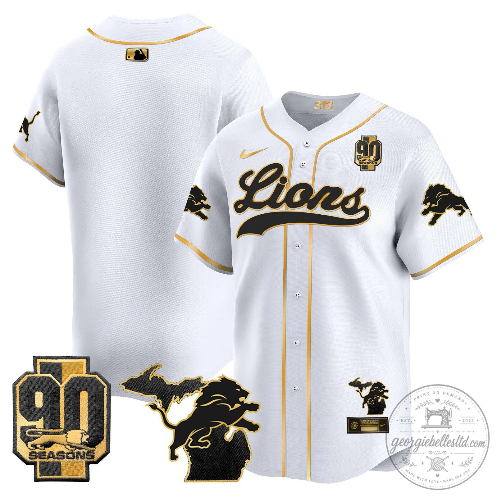 Detroit Lions Jared Goff 2024 Michigan 90th Season Patch Gold Baseball Jersey 54 Detroit Lions Jared Goff 2024 Michigan 90th Season Patch Gold Baseball Jersey