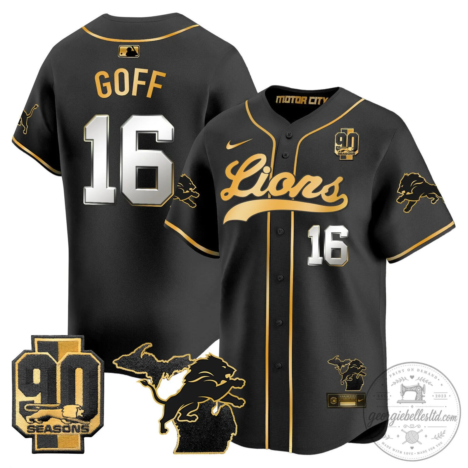 Detroit Lions Jared Goff 2024 Michigan 90th Season Patch Gold Baseball Jersey 55 Detroit Lions Jared Goff 2024 Michigan 90th Season Patch Gold Baseball Jersey