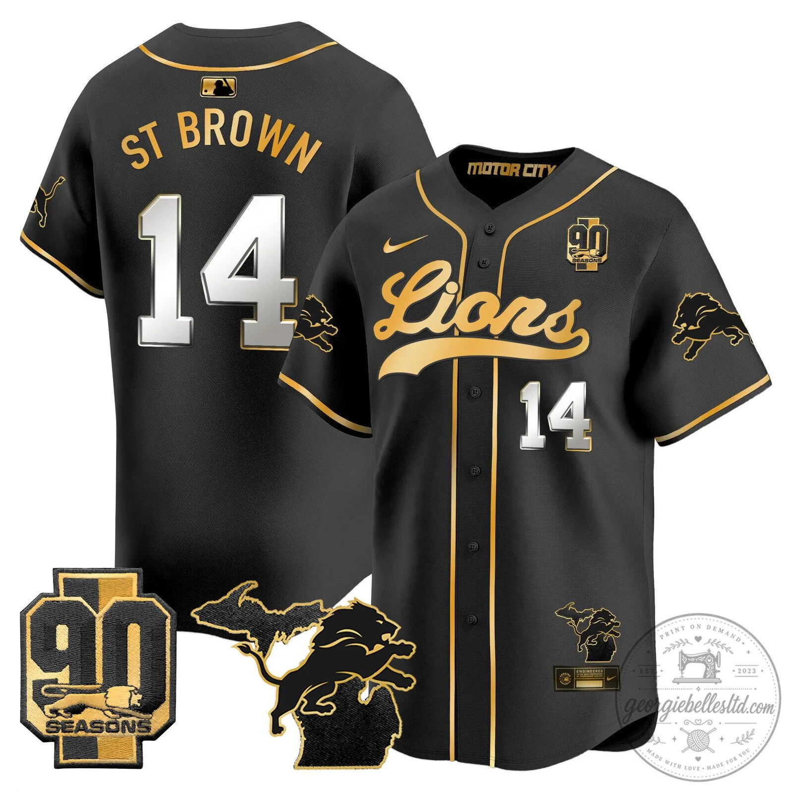 Detroit Lions Jared Goff 2024 Michigan 90th Season Patch Gold Baseball Jersey 57 Detroit Lions Jared Goff 2024 Michigan 90th Season Patch Gold Baseball Jersey