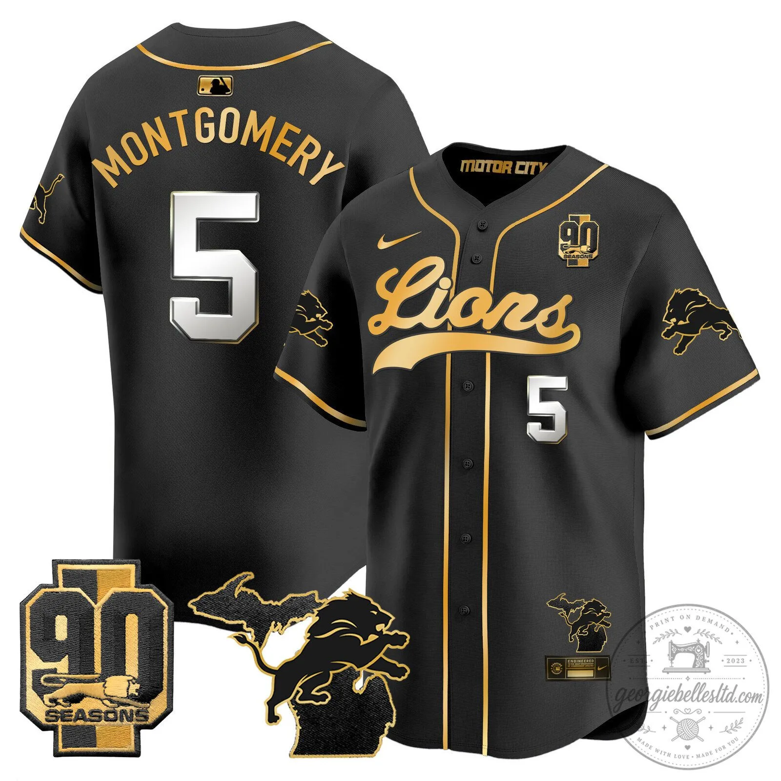 Detroit Lions Jared Goff 2024 Michigan 90th Season Patch Gold Baseball Jersey 58 Detroit Lions Jared Goff 2024 Michigan 90th Season Patch Gold Baseball Jersey