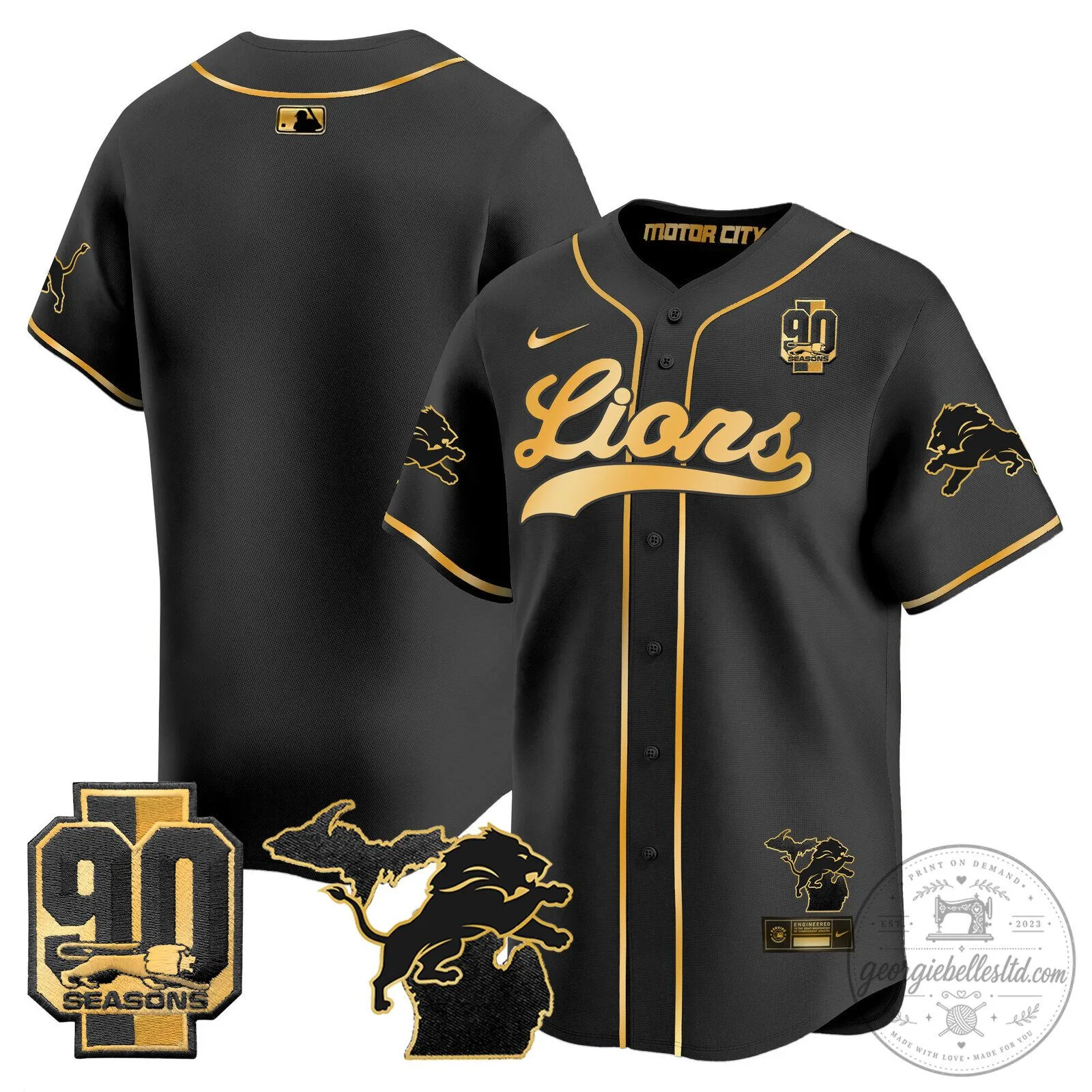 Detroit Lions Jared Goff 2024 Michigan 90th Season Patch Gold Baseball Jersey 62 Detroit Lions Jared Goff 2024 Michigan 90th Season Patch Gold Baseball Jersey
