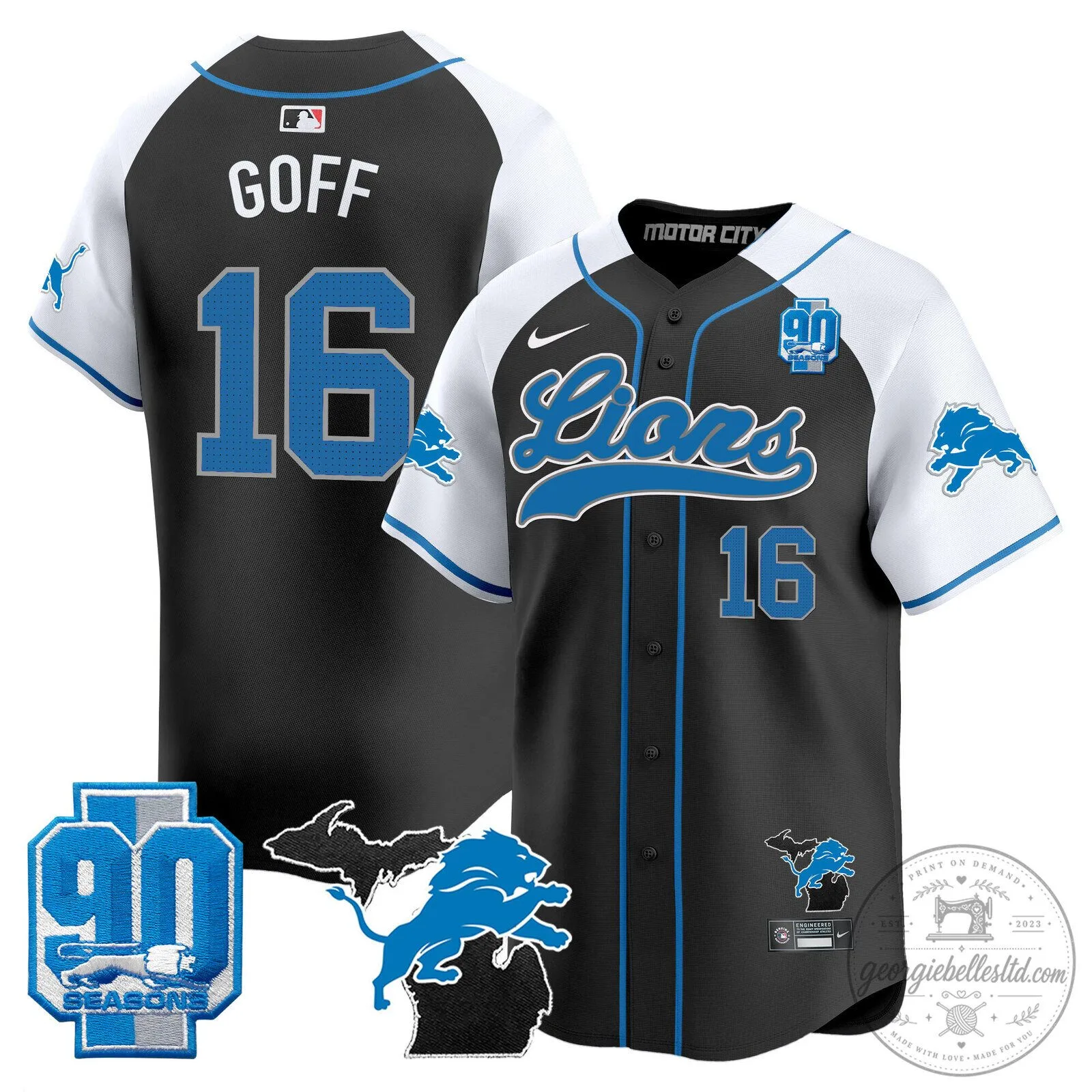 Detroit Lions Jared Goff 2024 Michigan 90th Season Patch Gold Baseball Jersey 63 Detroit Lions Jared Goff 2024 Michigan 90th Season Patch Gold Baseball Jersey