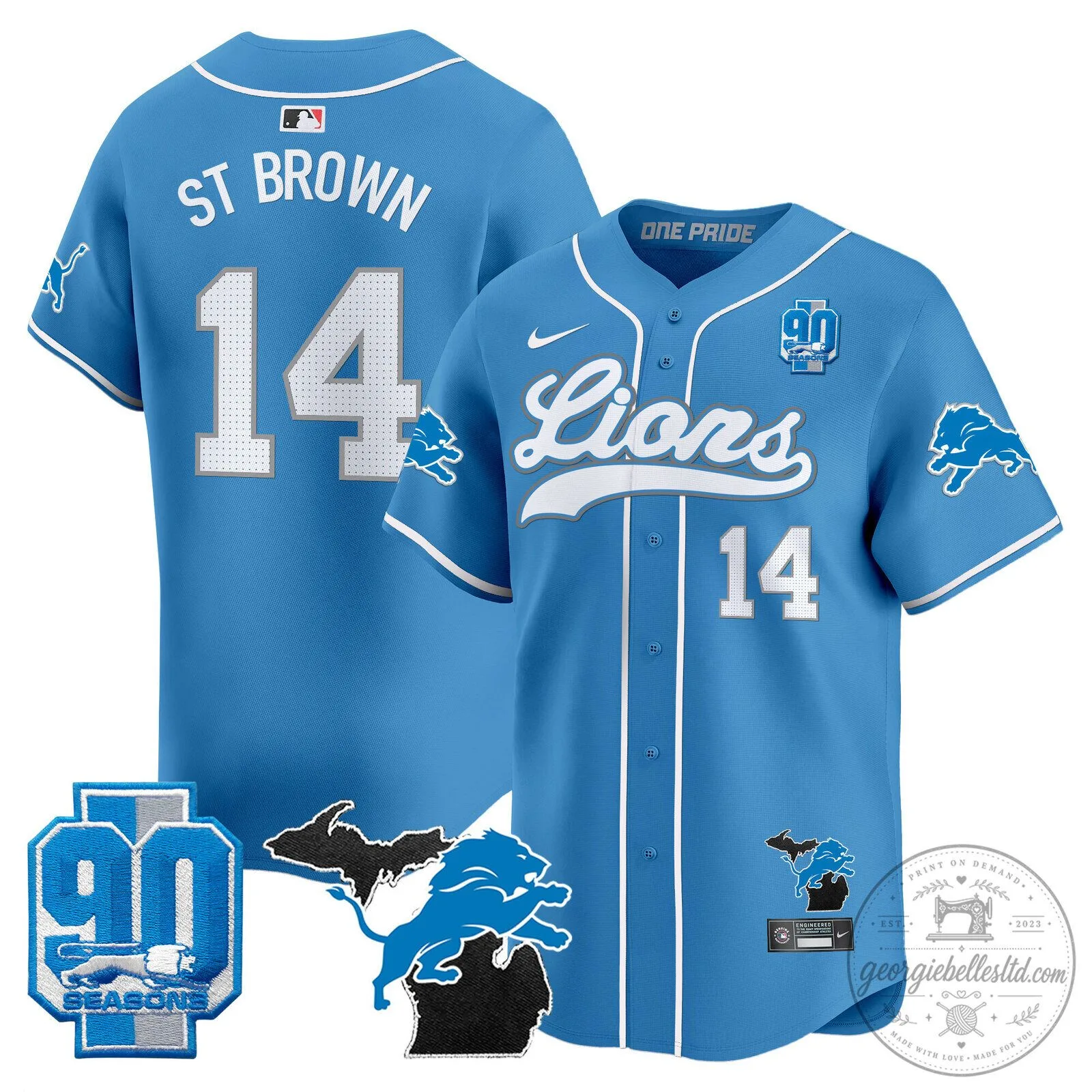 Detroit Lions Jared Goff 2024 Michigan 90th Season Patch Gold Baseball Jersey 73 Detroit Lions Jared Goff 2024 Michigan 90th Season Patch Gold Baseball Jersey