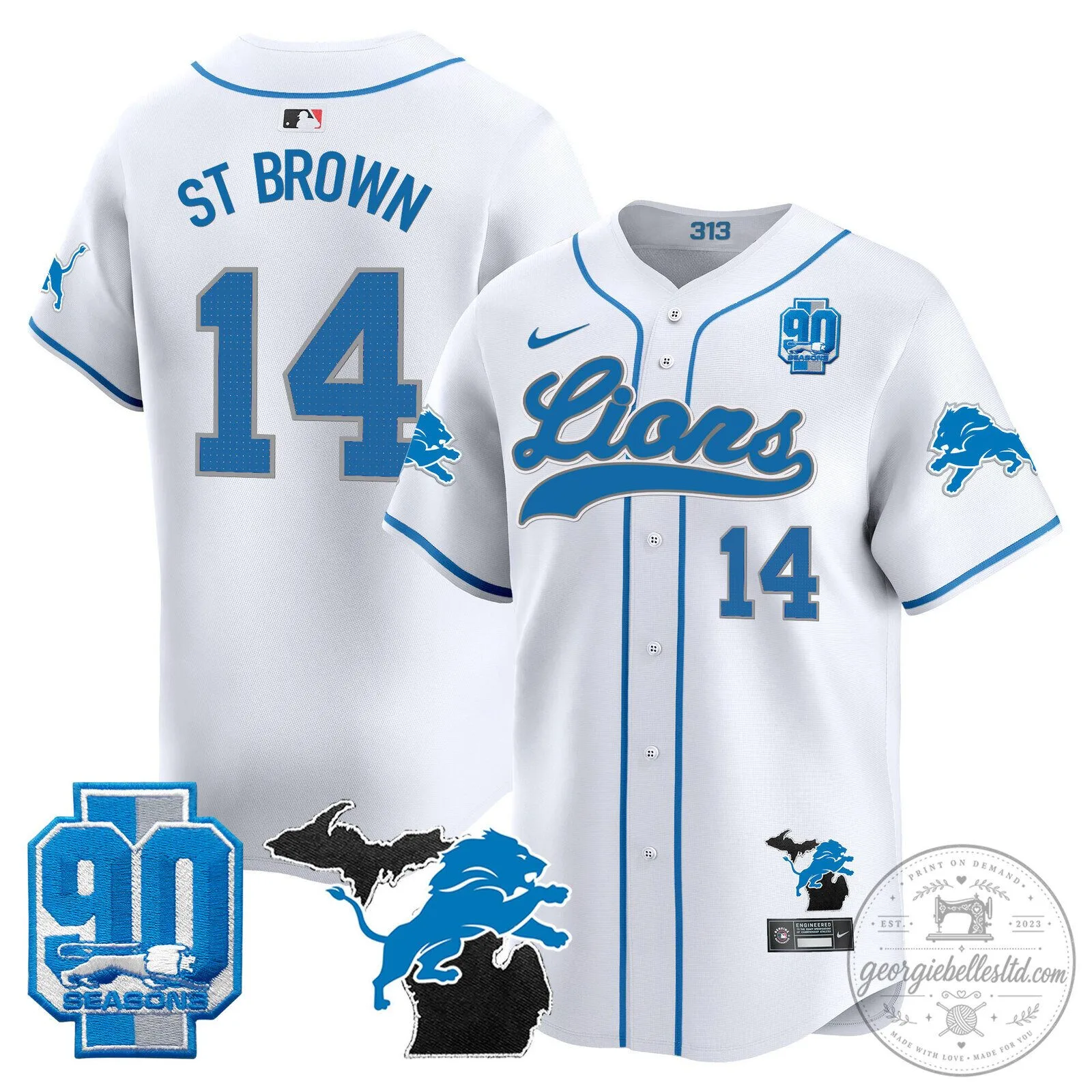 Detroit Lions Jared Goff 2024 Michigan 90th Season Patch Gold Baseball Jersey 80 Detroit Lions Jared Goff 2024 Michigan 90th Season Patch Gold Baseball Jersey