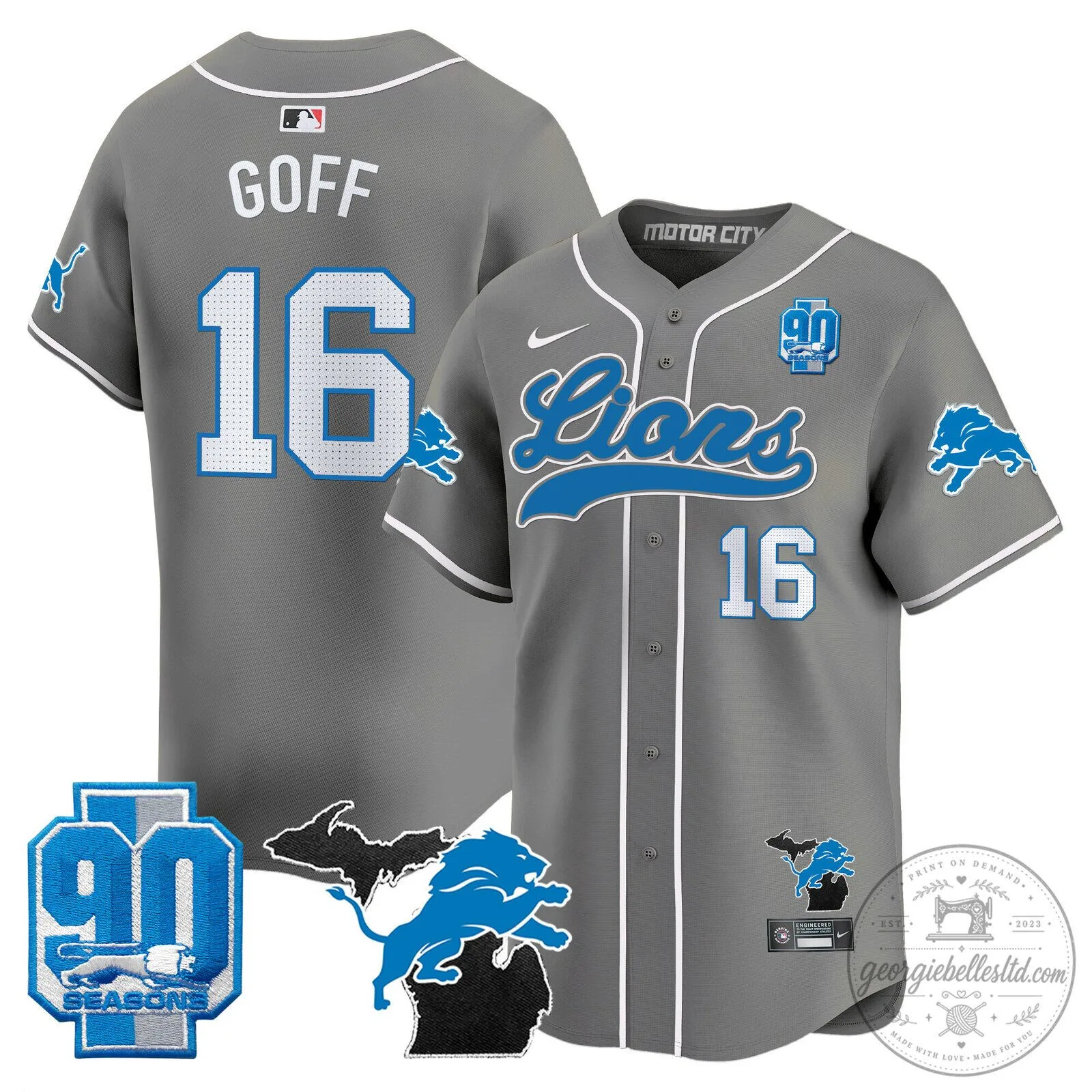 Detroit Lions Jared Goff 2024 Michigan 90th Season Patch Gold Baseball Jersey 86 Detroit Lions Jared Goff 2024 Michigan 90th Season Patch Gold Baseball Jersey