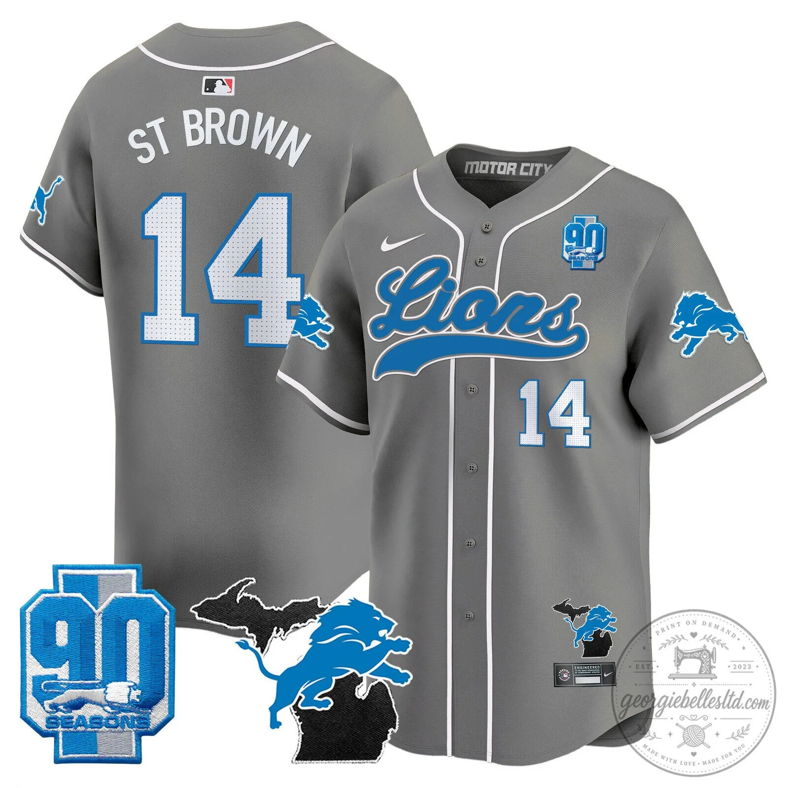 Detroit Lions Jared Goff 2024 Michigan 90th Season Patch Gold Baseball Jersey 88 Detroit Lions Jared Goff 2024 Michigan 90th Season Patch Gold Baseball Jersey