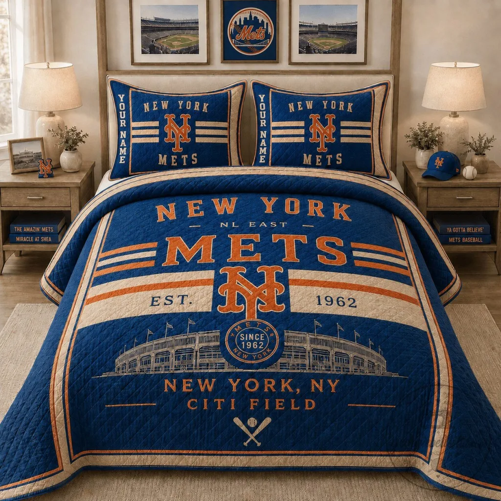 New York Mets MLB Baseball Team Bedding Set Quilt Blanket and Pillow Shams New York Mets MLB Baseball Team Bedding Set Quilt Blanket and Pillow Shams
