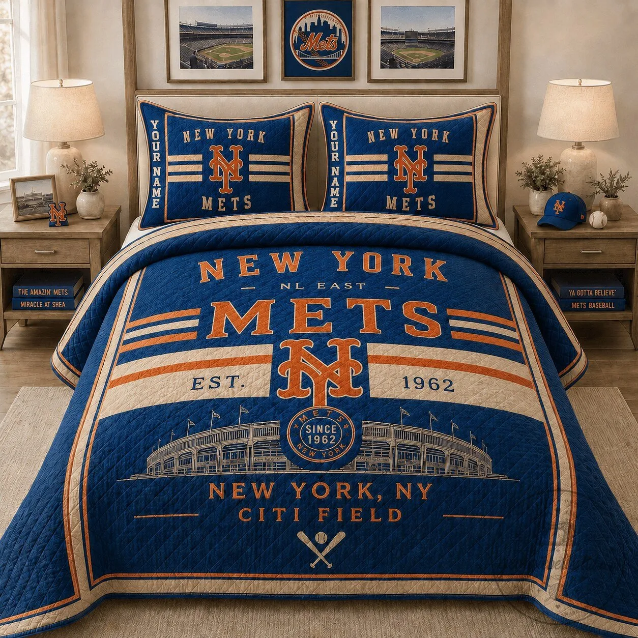 New York Mets MLB Baseball Team Bedding Set Quilt Blanket and Pillow Shams