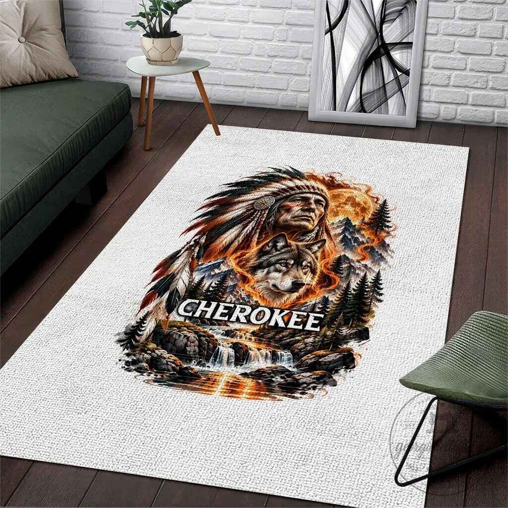 Cherokee Wolf Native American Chief Tribal Landscape Fiery Moon Art Rug