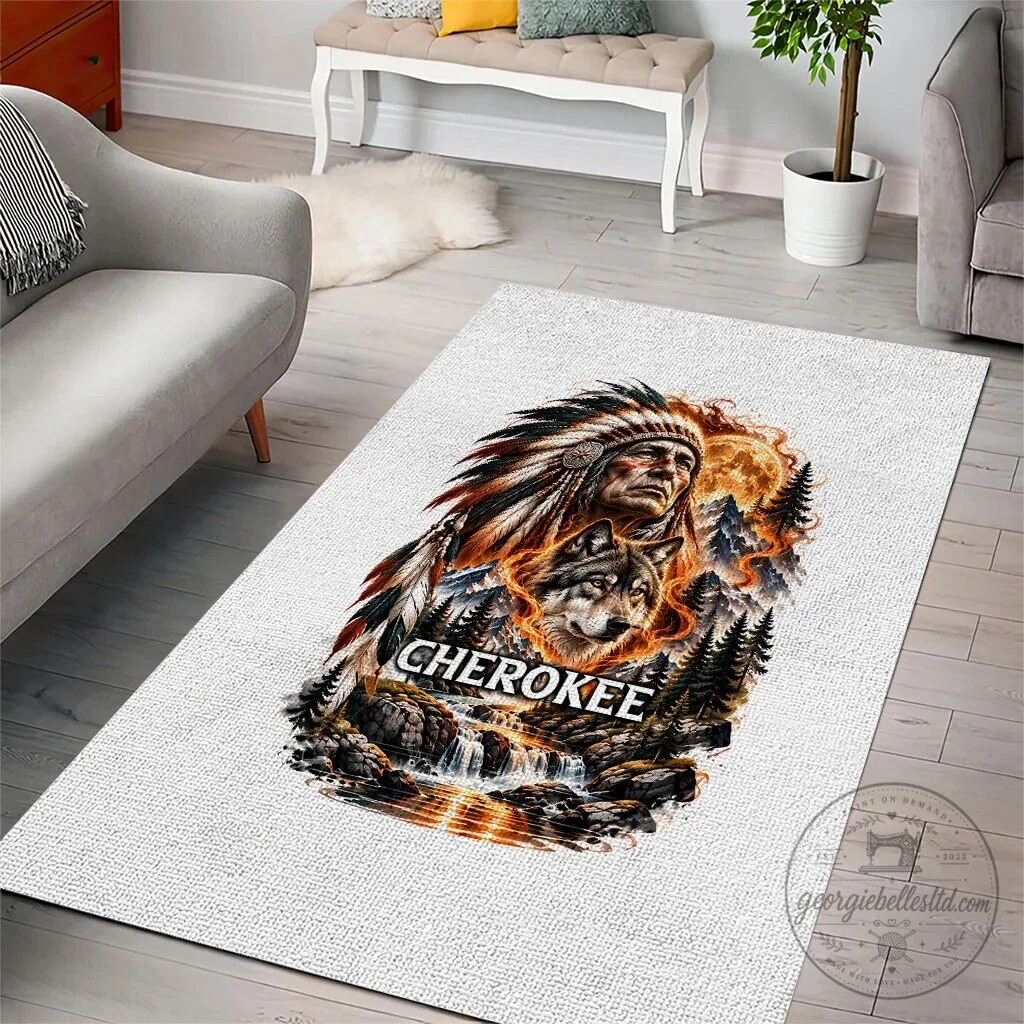 Cherokee Wolf Native American Chief Tribal Landscape Fiery Moon Art Rug 6 Cherokee Wolf Native American Chief Tribal Landscape Fiery Moon Art Rug