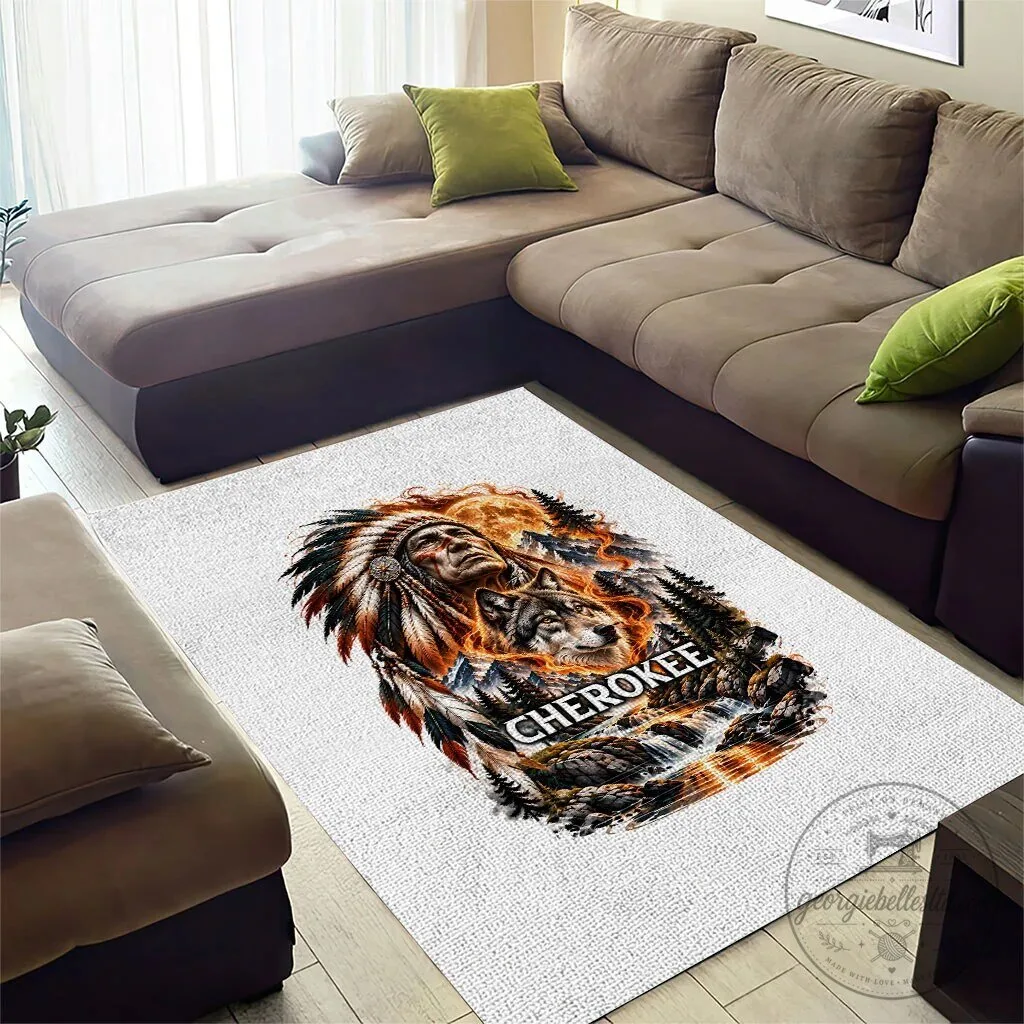 Cherokee Wolf Native American Chief Tribal Landscape Fiery Moon Art Rug 7 Cherokee Wolf Native American Chief Tribal Landscape Fiery Moon Art Rug