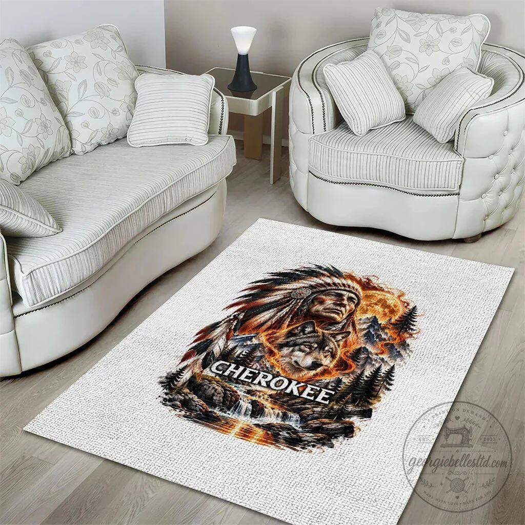 Cherokee Wolf Native American Chief Tribal Landscape Fiery Moon Art Rug 8 Cherokee Wolf Native American Chief Tribal Landscape Fiery Moon Art Rug