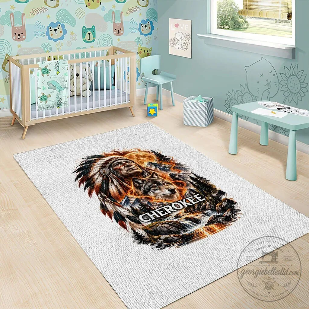 Cherokee Wolf Native American Chief Tribal Landscape Fiery Moon Art Rug 9 Cherokee Wolf Native American Chief Tribal Landscape Fiery Moon Art Rug