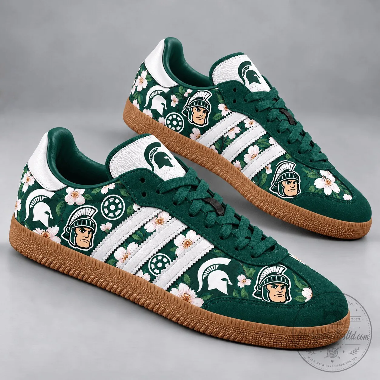 Michigan State Spartans Floral Mascot Pattern Green and White Athletic Shoes