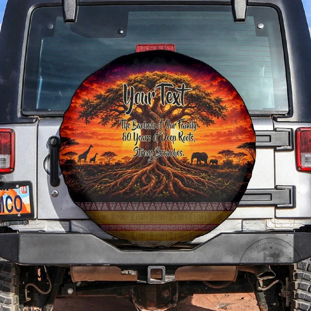 Personalized 80th Birthday Baobab Tree African Sunset Savanna Silhouette Spare Tire Cover