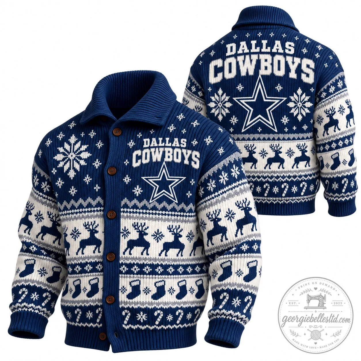 Dallas Cowboys Christmas Holiday Reindeer Snowflake Knit Button-Up Cardigan Sweater