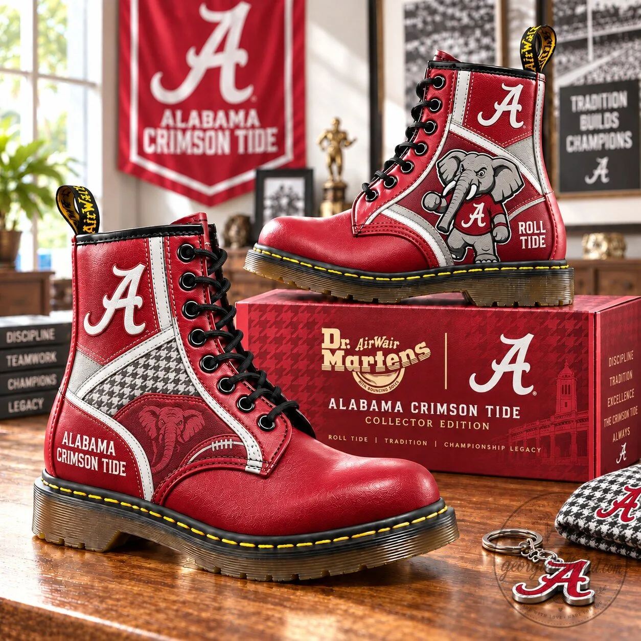 Alabama Crimson Tide Football Elephant Mascot Premium Leather Lace-Up Boots 1 Alabama Crimson Tide Football Elephant Mascot Premium Leather Lace-Up Boots