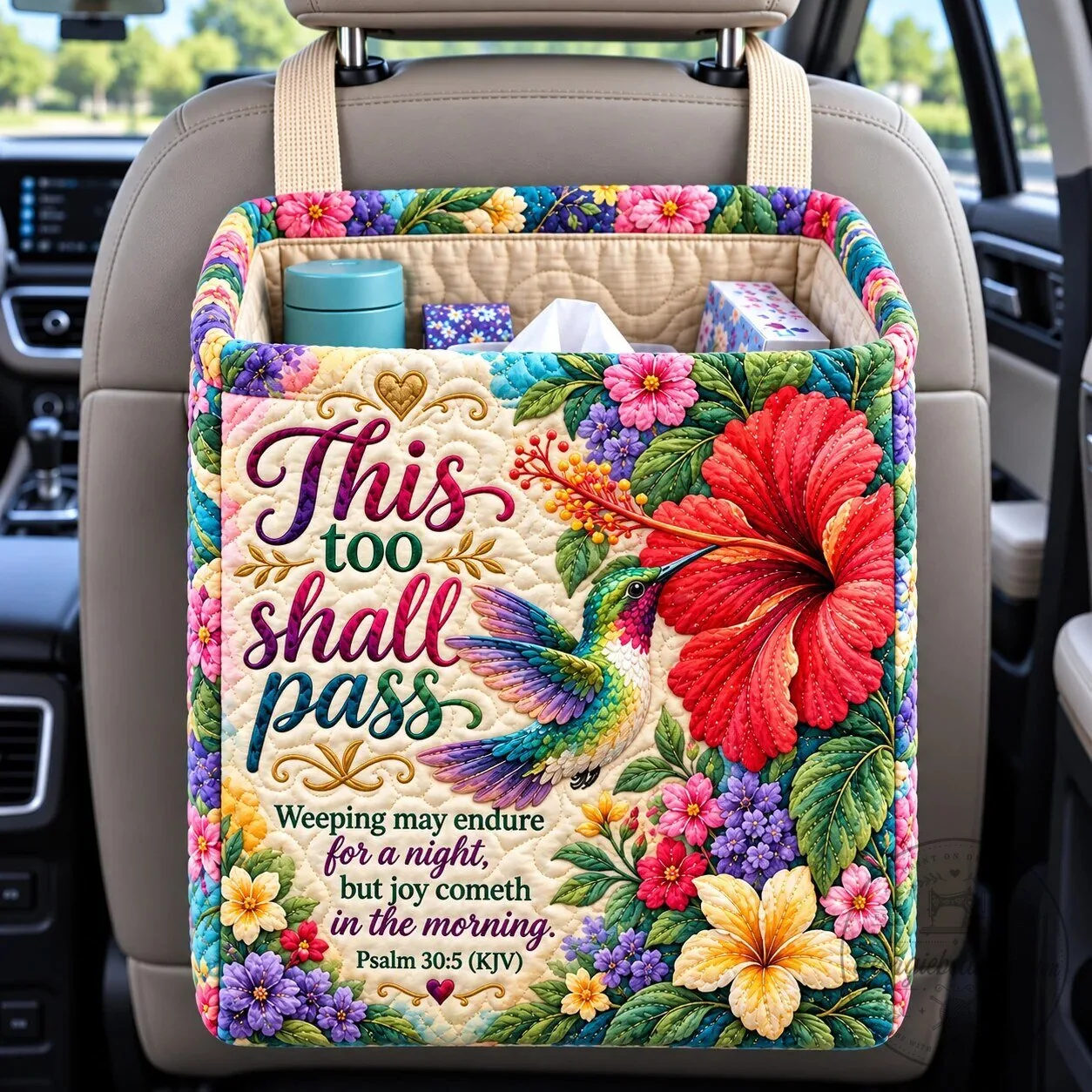 Hummingbird Faith and Joy Quilted Car Backseat Organizer Basket