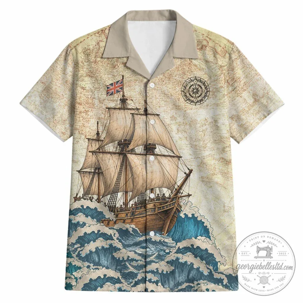 Vintage Mayflower Descendant Ship Nautical Map Ocean Waves Hawaiian Shirt