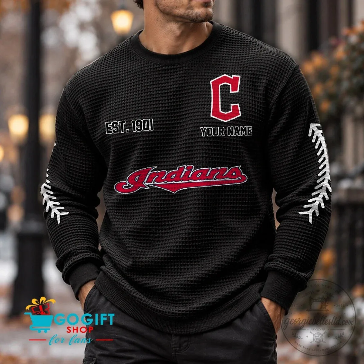 Cleveland Indians Personalized Baseball Waffle Knit Sweatshirt
