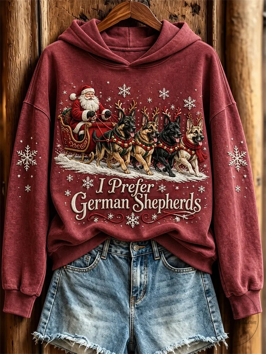Christmas I Prefer German Shepherds Santa Claus and Dogs Print Hoodie