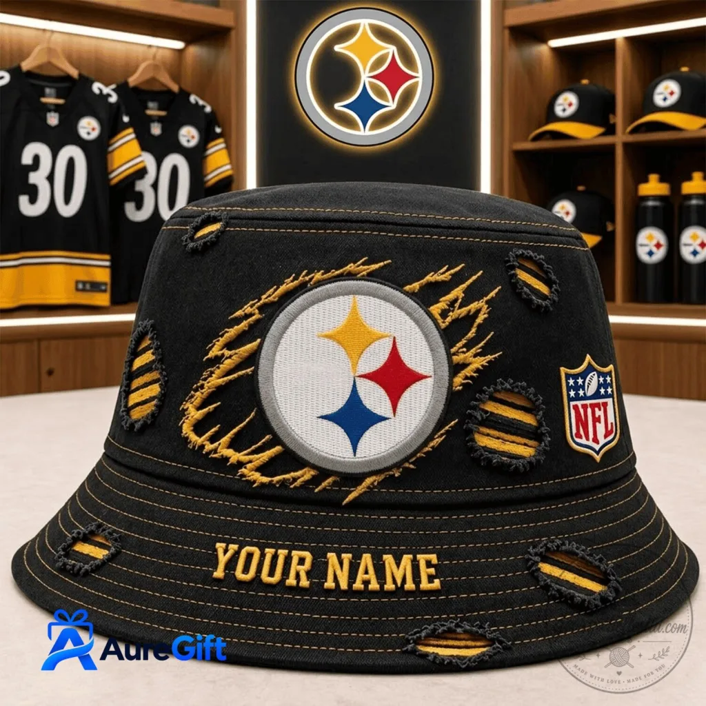 Pittsburgh Steelers Distressed Black Embroidered Bucket Hat Pittsburgh Steelers Distressed Black Embroidered Bucket Hat