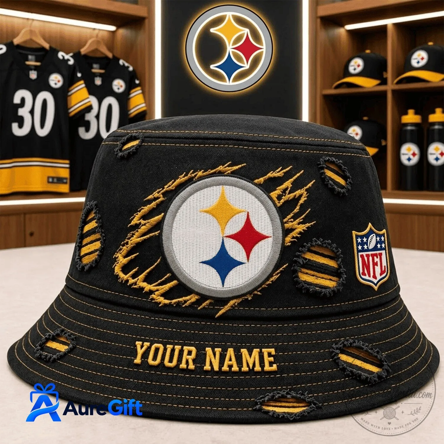 Pittsburgh Steelers Distressed Black Embroidered Bucket Hat 1 Pittsburgh Steelers Distressed Black Embroidered Bucket Hat
