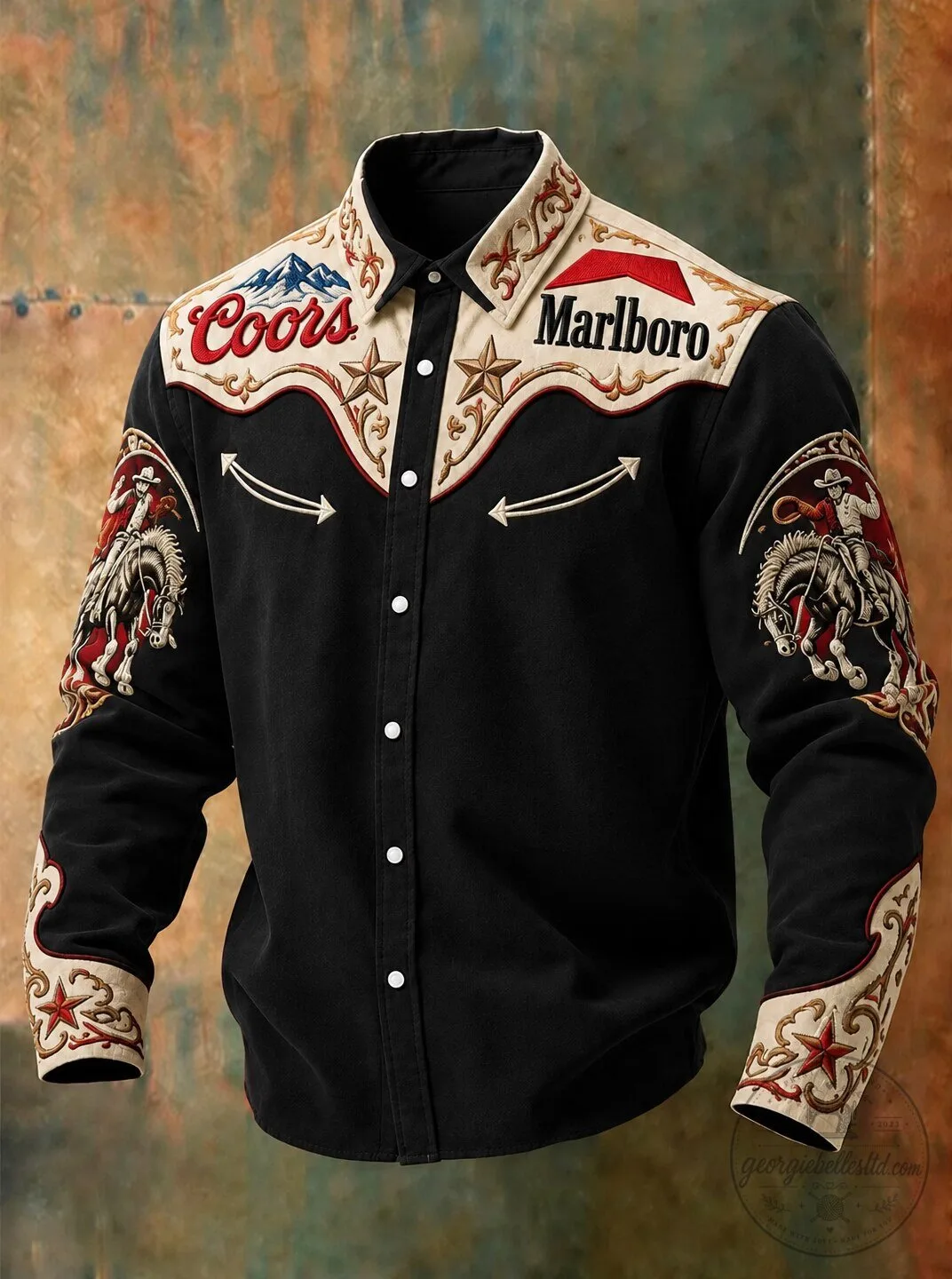 Coors Marlboro Western Cowboy Rodeo Embroidered Long Sleeve Button Up Shirt