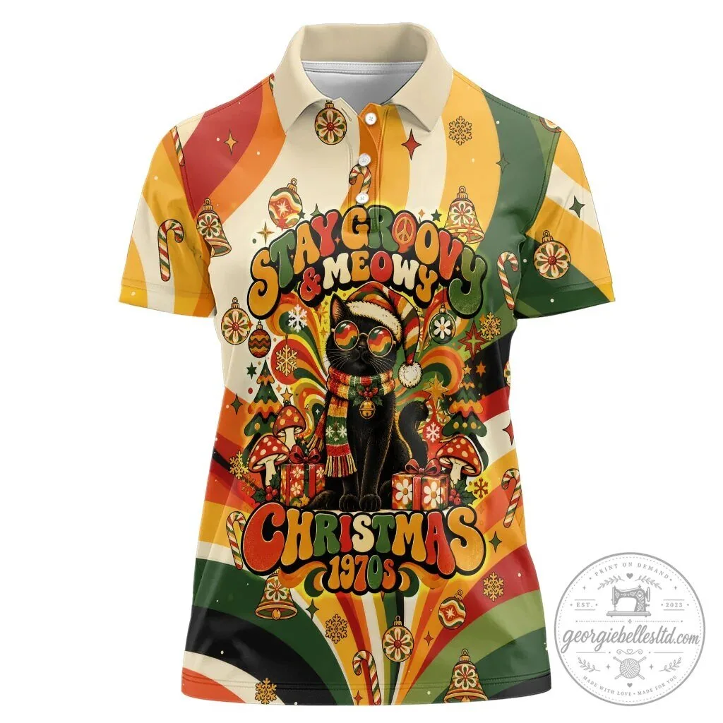 Groovy Black Cat Christmas Polo Shirt for Women, Vintage 1970s Holiday Meowy Design
