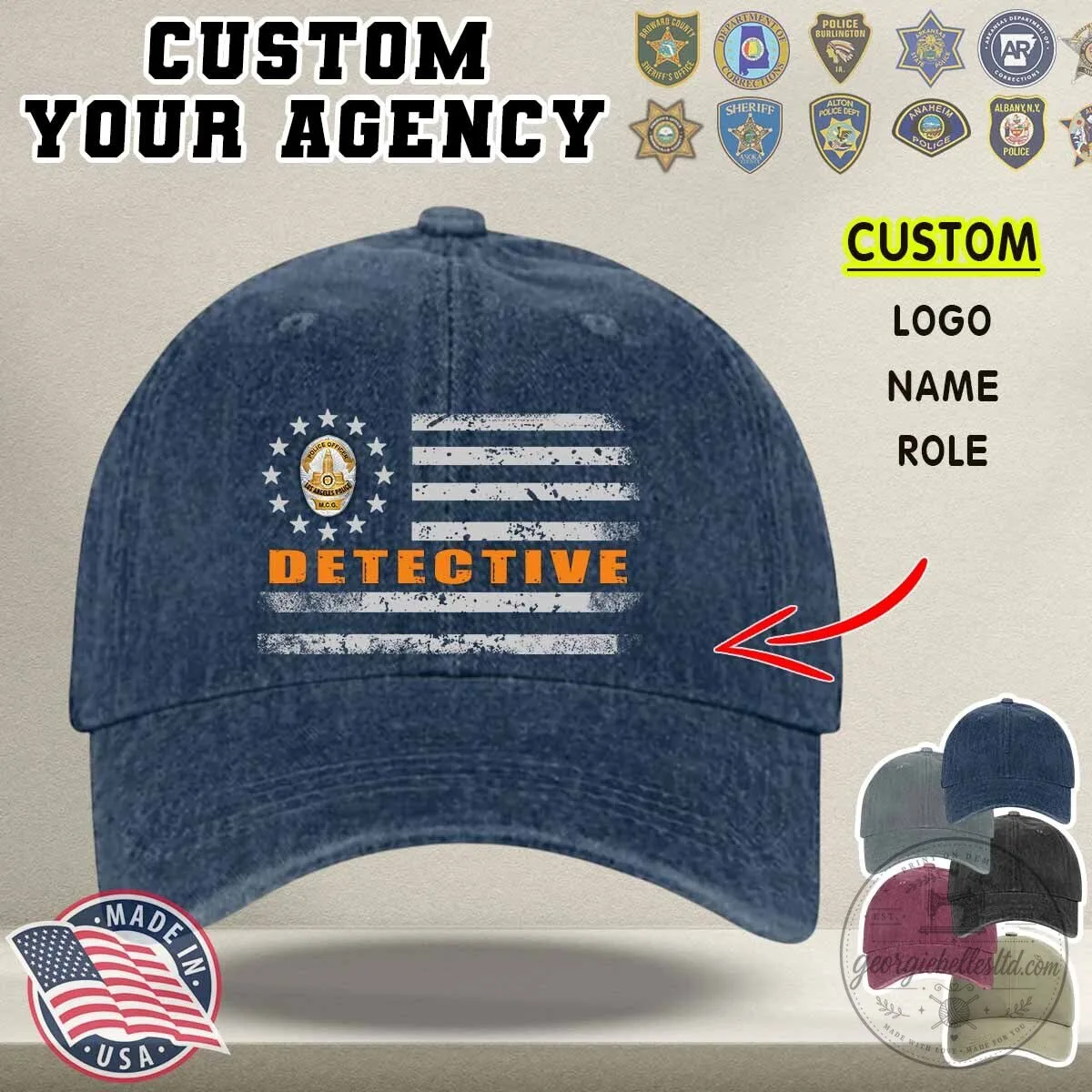 Custom Law Enforcement Detective Washed Denim Baseball Cap