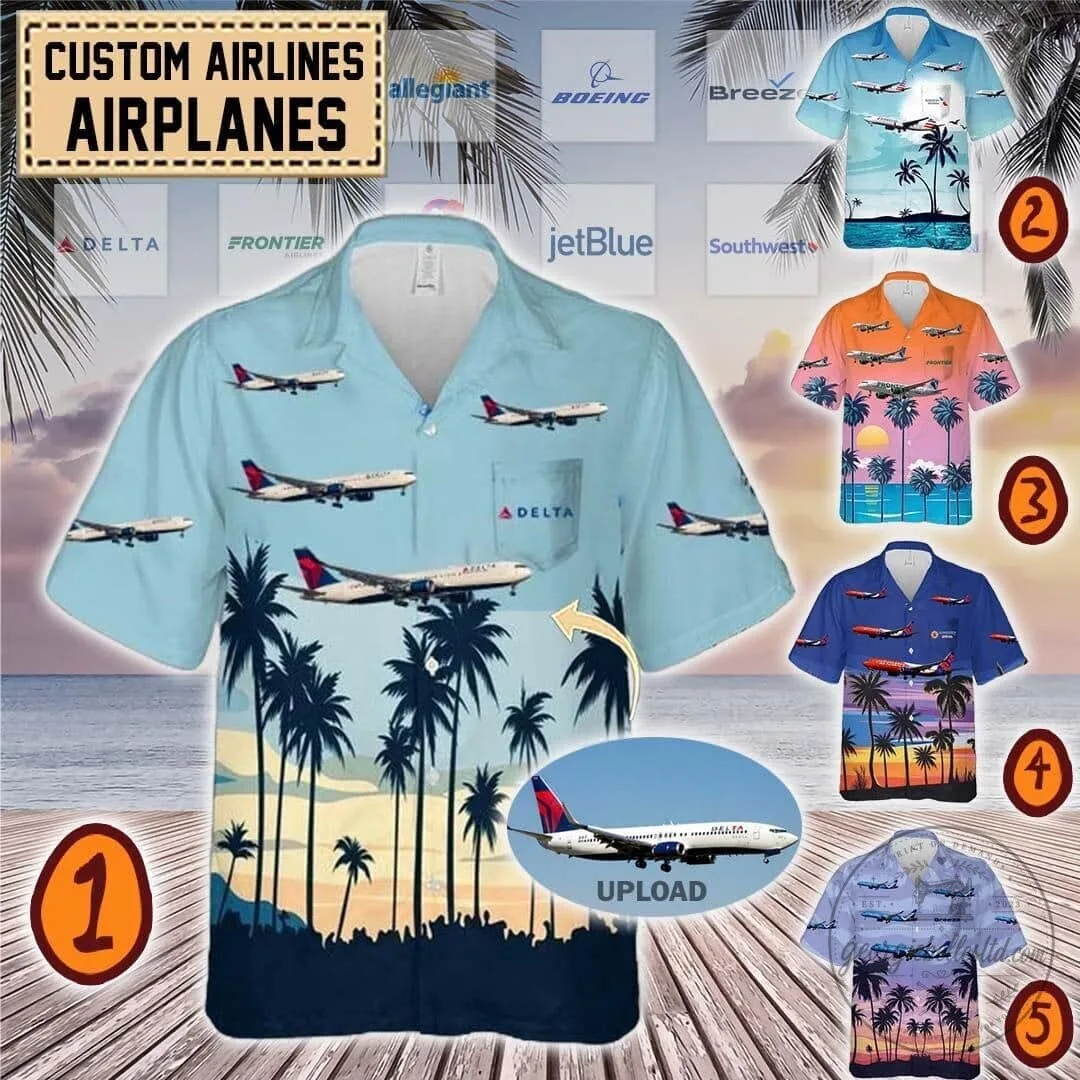 Delta Airlines Boeing Airplane Palm Trees Hawaiian Shirt