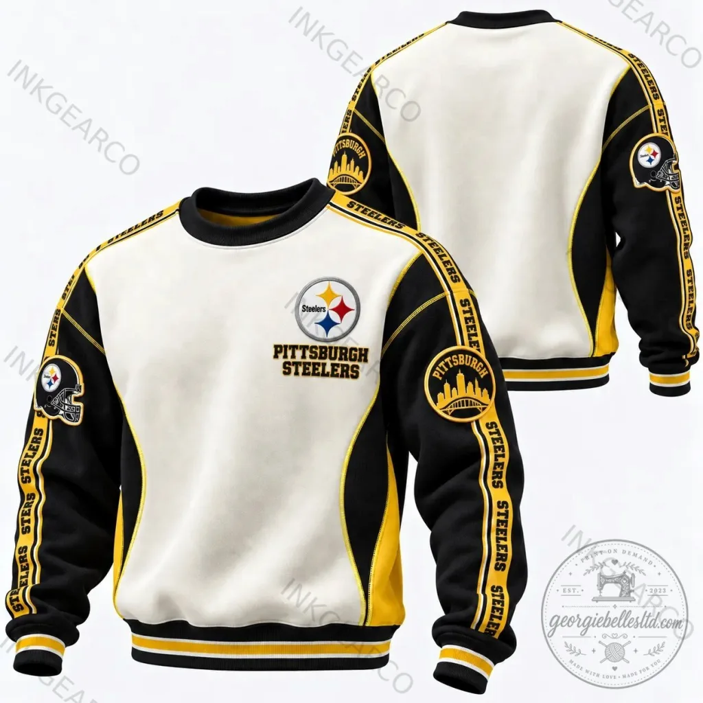Pittsburgh Steelers NFL Football Team Logo White and Black Crewneck Sweatshirt Pittsburgh Steelers NFL Football Team Logo White and Black Crewneck Sweatshirt