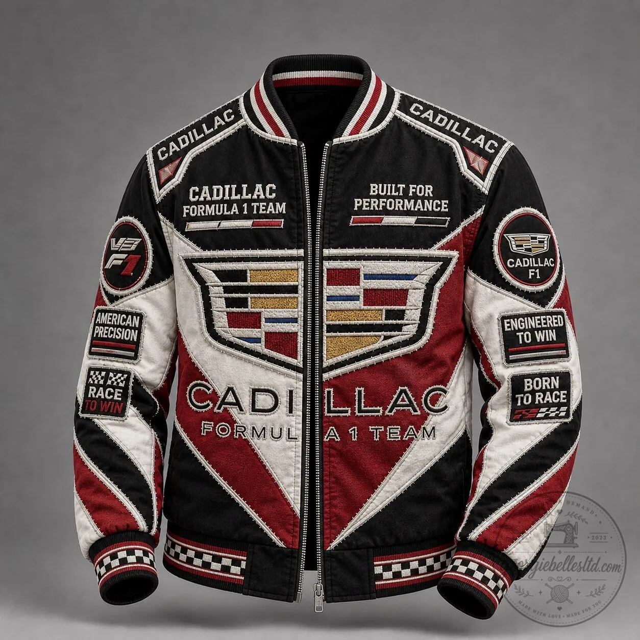 Cadillac Formula 1 Team Racing Bomber Jacket with Embroidered Patches 1 Cadillac Formula 1 Team Racing Bomber Jacket with Embroidered Patches