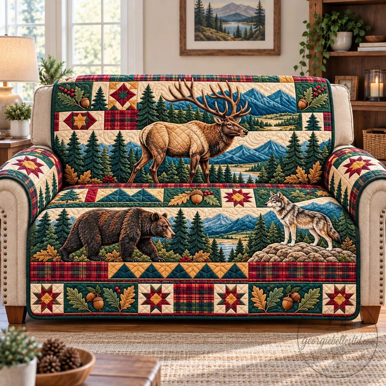 Rustic Woodland Animals Quilted Sofa Cover with Elk Bear Wolf Forest Design