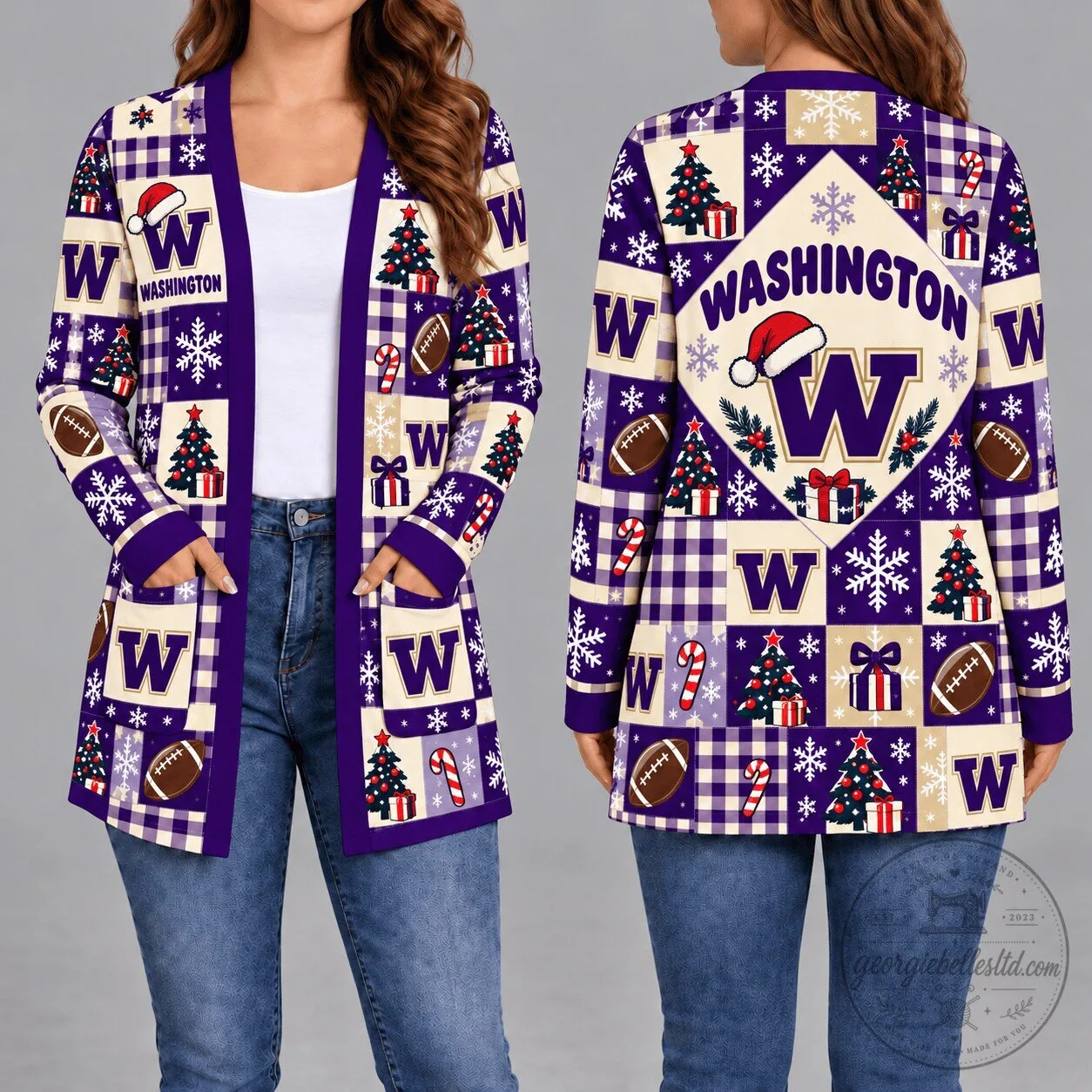 Washington Huskies Christmas Quilted Pattern Women's Long Sleeve Cardigan 1 Washington Huskies Christmas Quilted Pattern Women