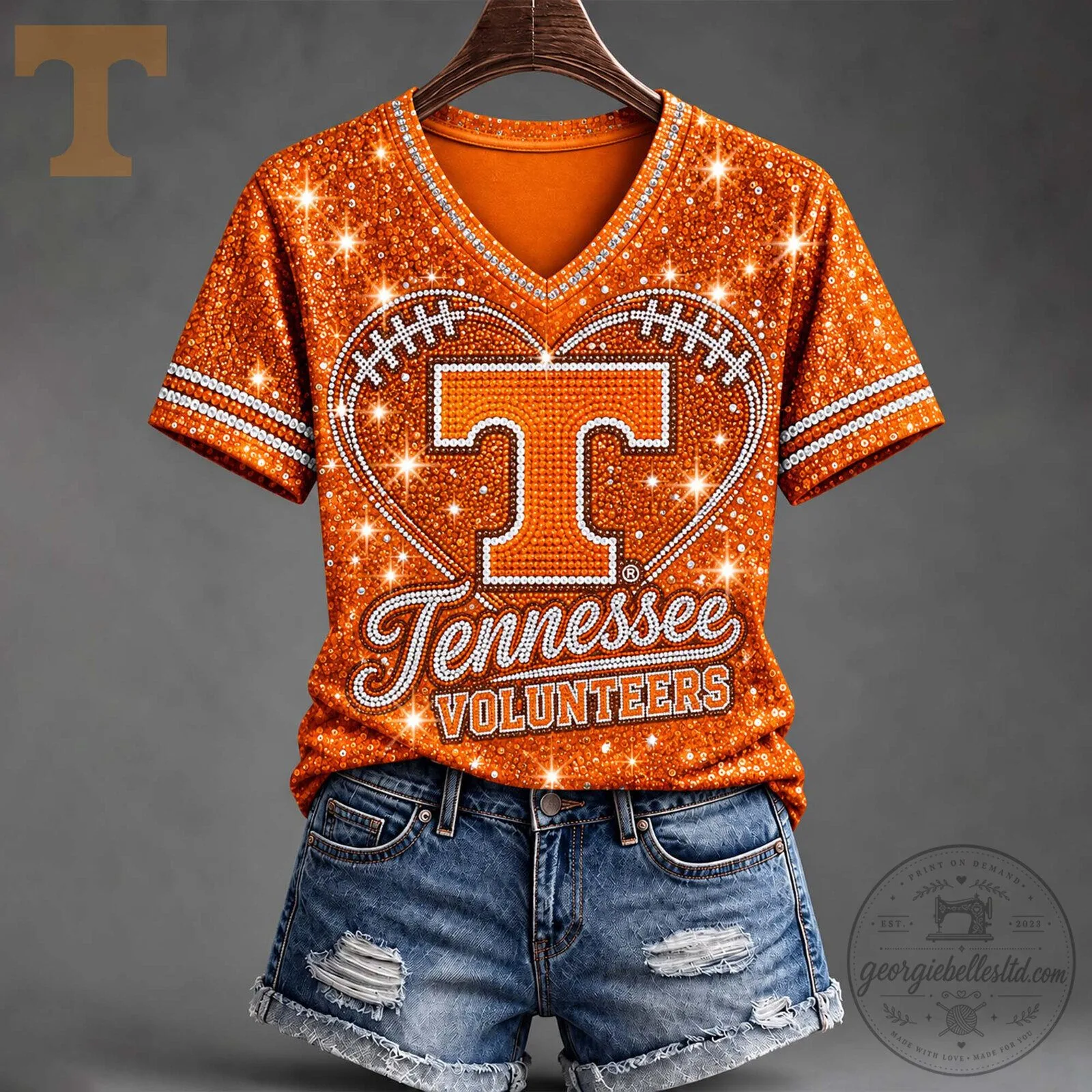 Tennessee Volunteers Football Sparkle V-Neck Short Sleeve T-Shirt