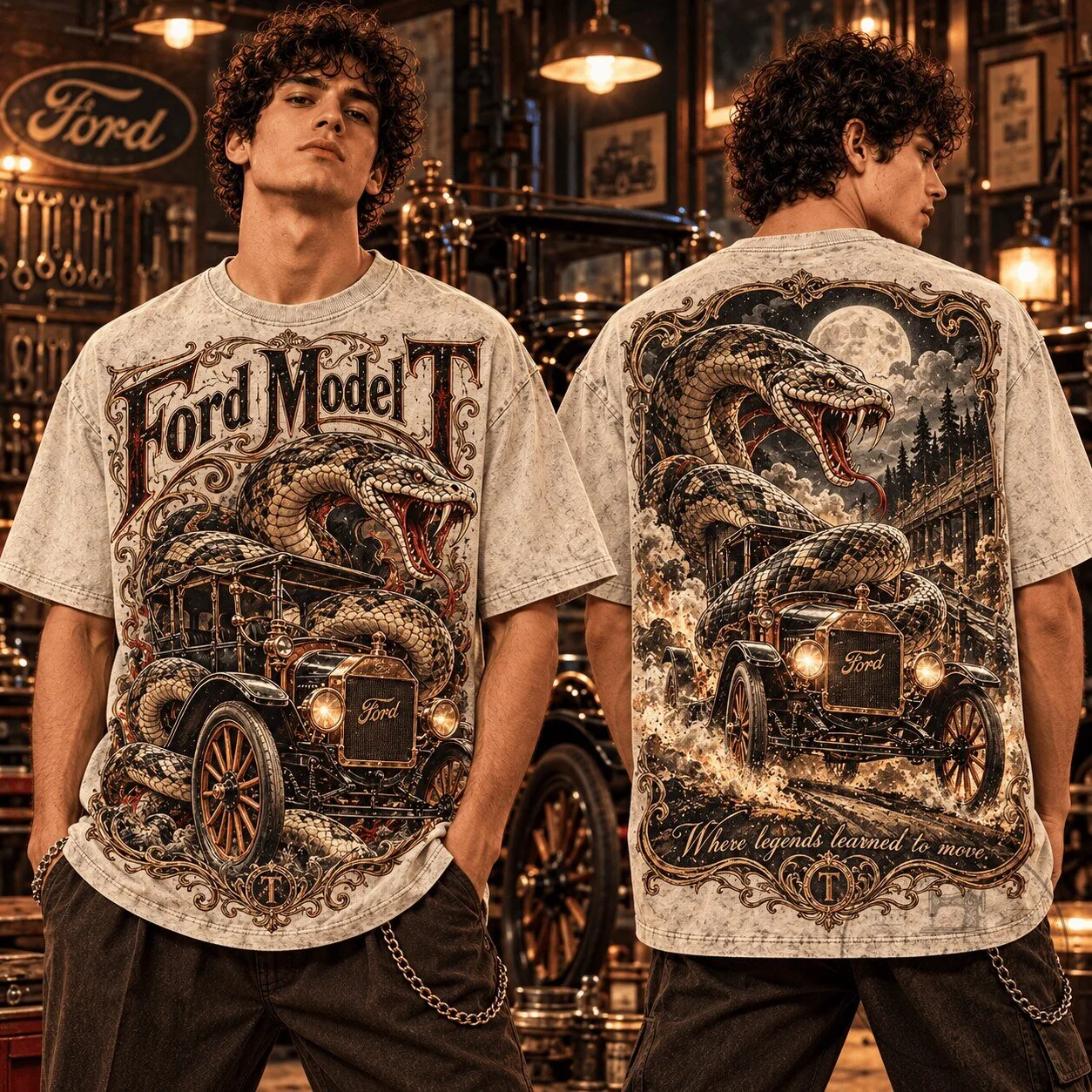 Ford Model T Cobra Snake Vintage Car Moonlight Graphic T-Shirt for Men