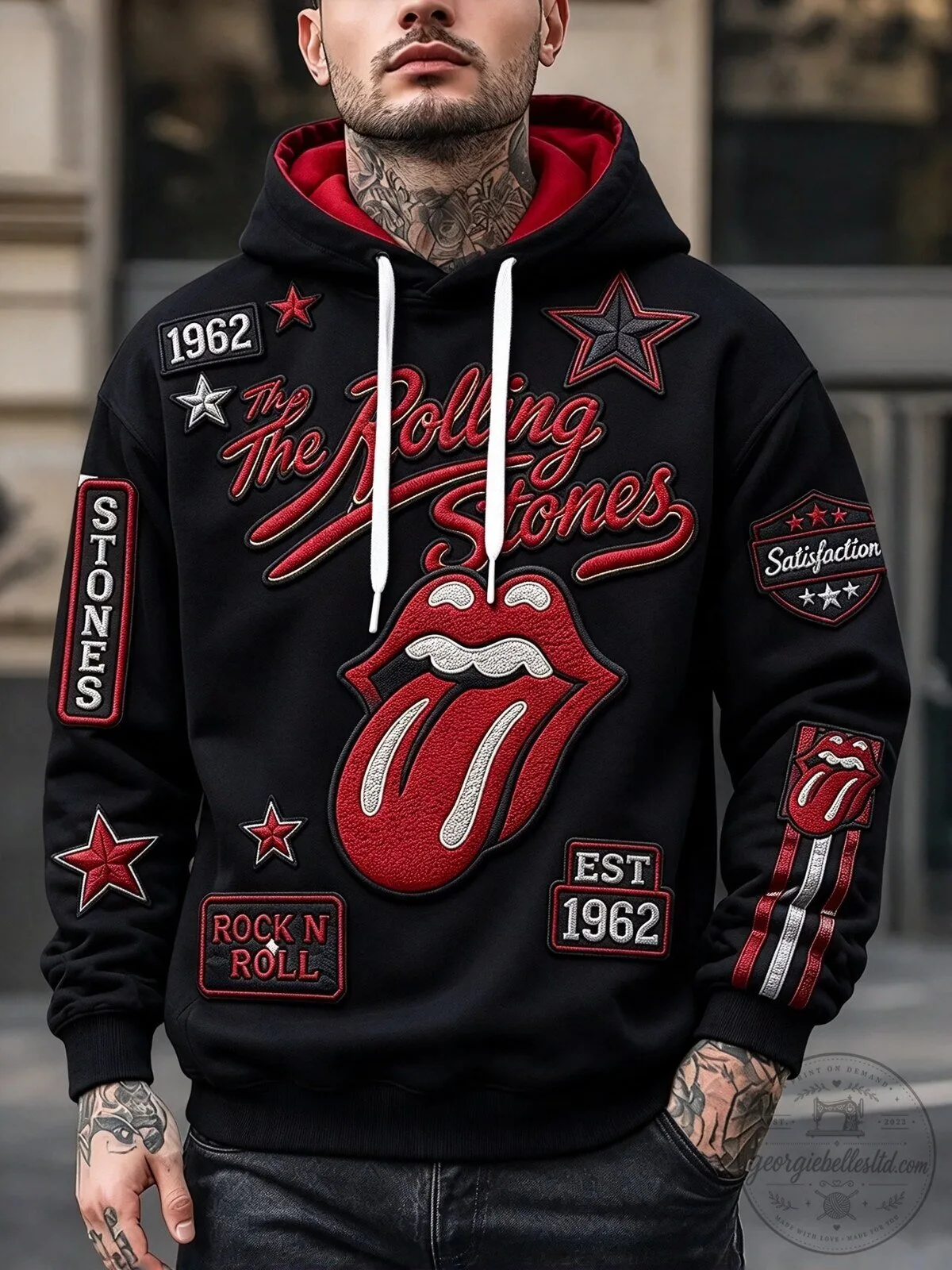 The Rolling Stones Band Logo Embroidered Black Pullover Hoodie