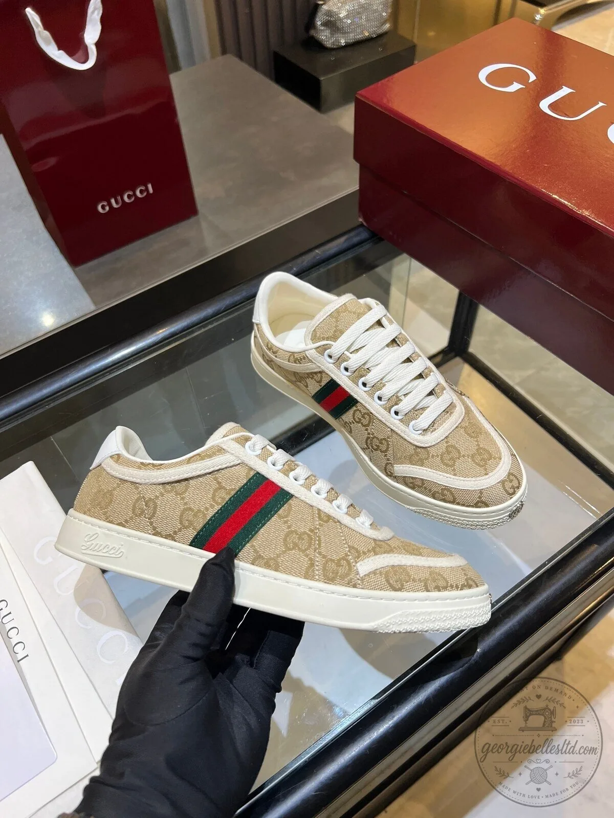 Gucci Beige Canvas Low-Top Sneakers with Red and Green Web Stripe Detail 4 Gucci Beige Canvas Low-Top Sneakers with Red and Green Web Stripe Detail