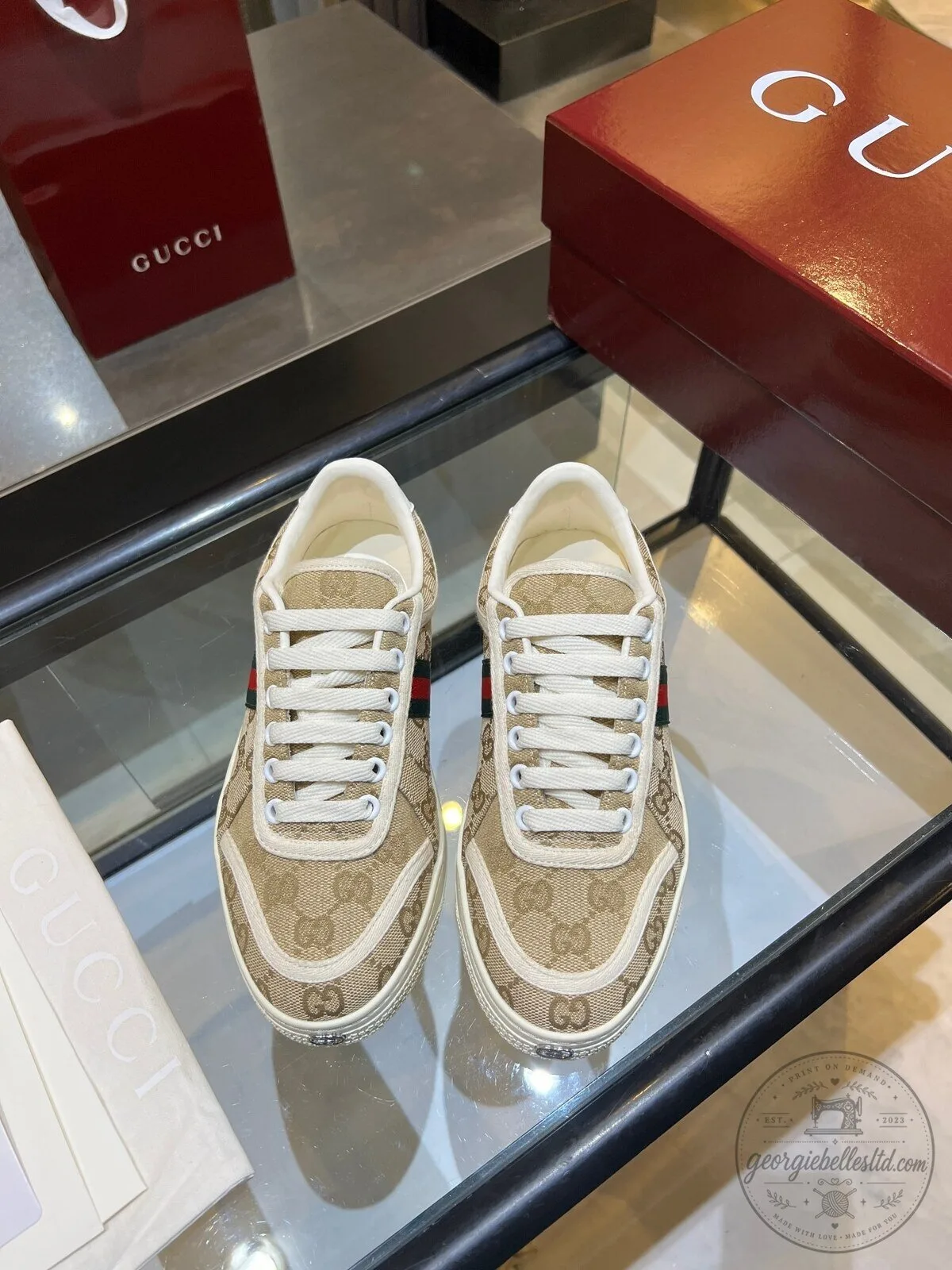 Gucci Beige Canvas Low-Top Sneakers with Red and Green Web Stripe Detail 5 Gucci Beige Canvas Low-Top Sneakers with Red and Green Web Stripe Detail