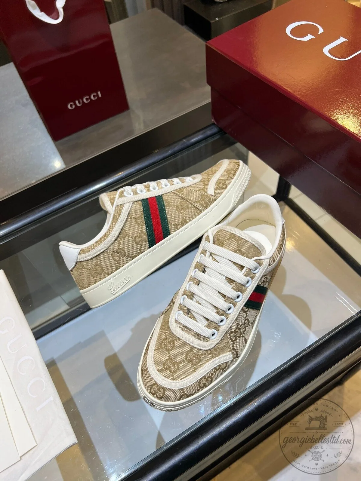 Gucci Beige Canvas Low-Top Sneakers with Red and Green Web Stripe Detail 6 Gucci Beige Canvas Low-Top Sneakers with Red and Green Web Stripe Detail