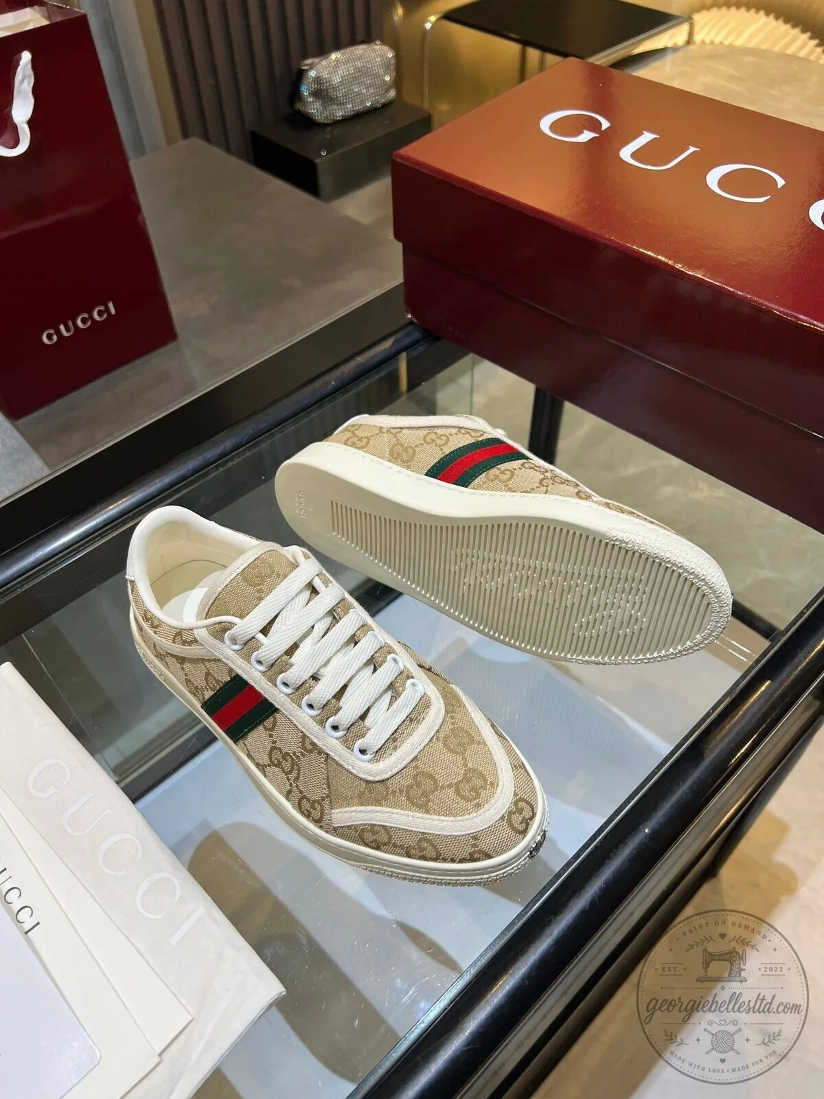 Gucci Beige Canvas Low-Top Sneakers with Red and Green Web Stripe Detail 7 Gucci Beige Canvas Low-Top Sneakers with Red and Green Web Stripe Detail